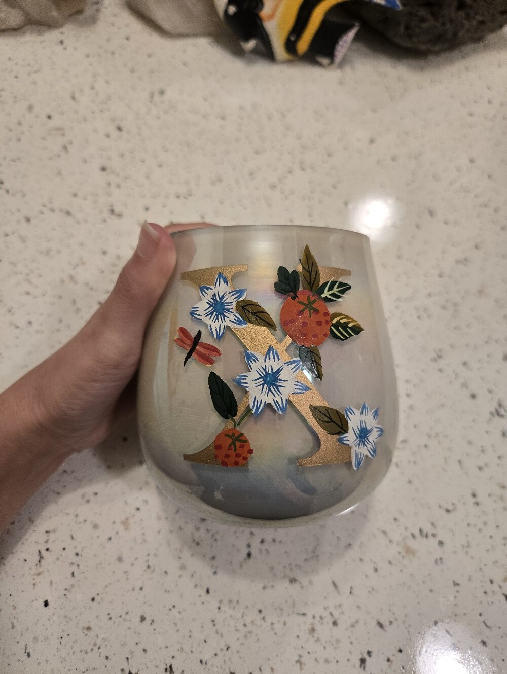 Anthropologie Decorative Floral Monogram Glass, Gold & Cream